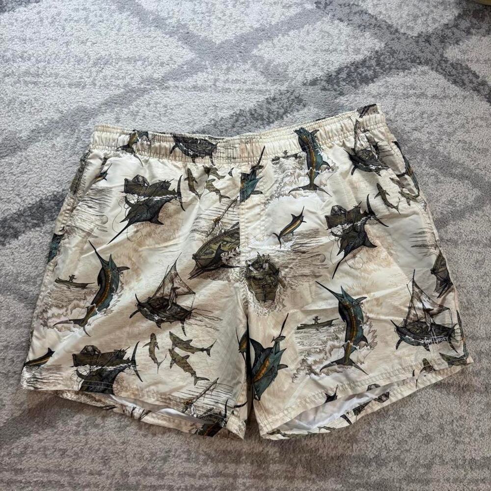 Guy Harvey tan fishing swim trunks size XL 7 in inseam